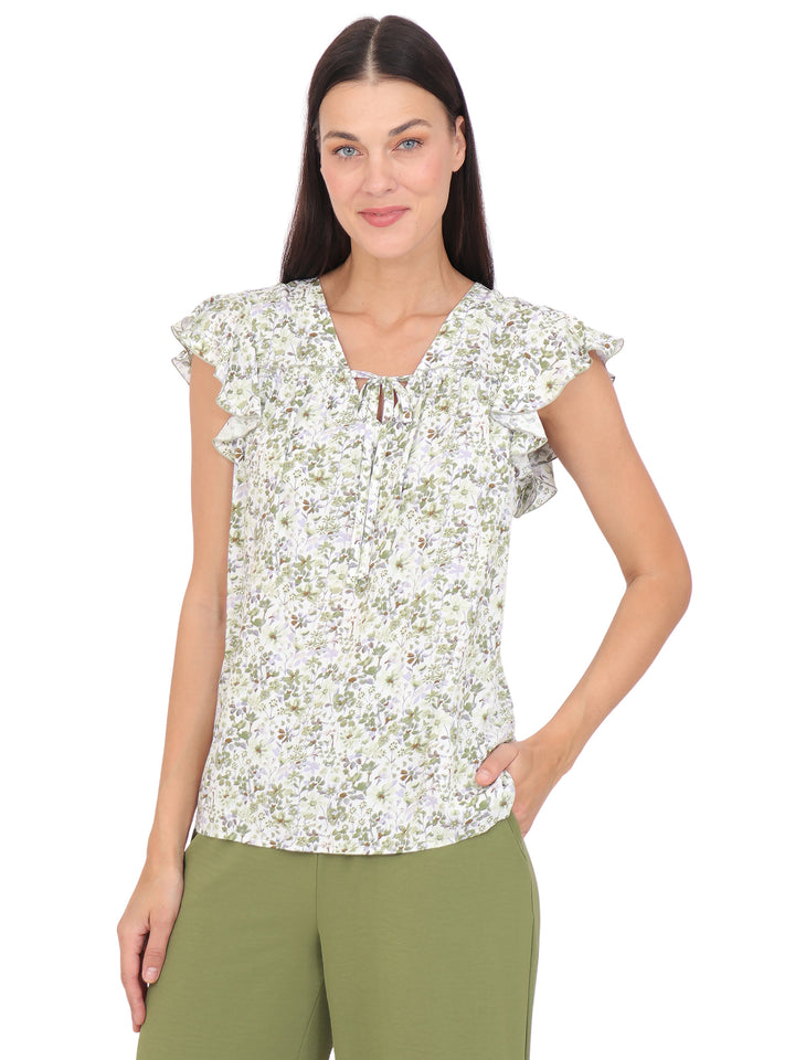 Blusa cuello V Manga Olán, con Amarre, Estampada