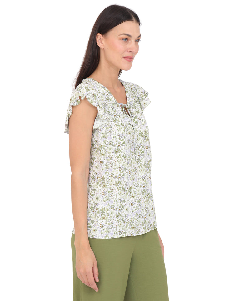 Blusa cuello V Manga Olán, con Amarre, Estampada