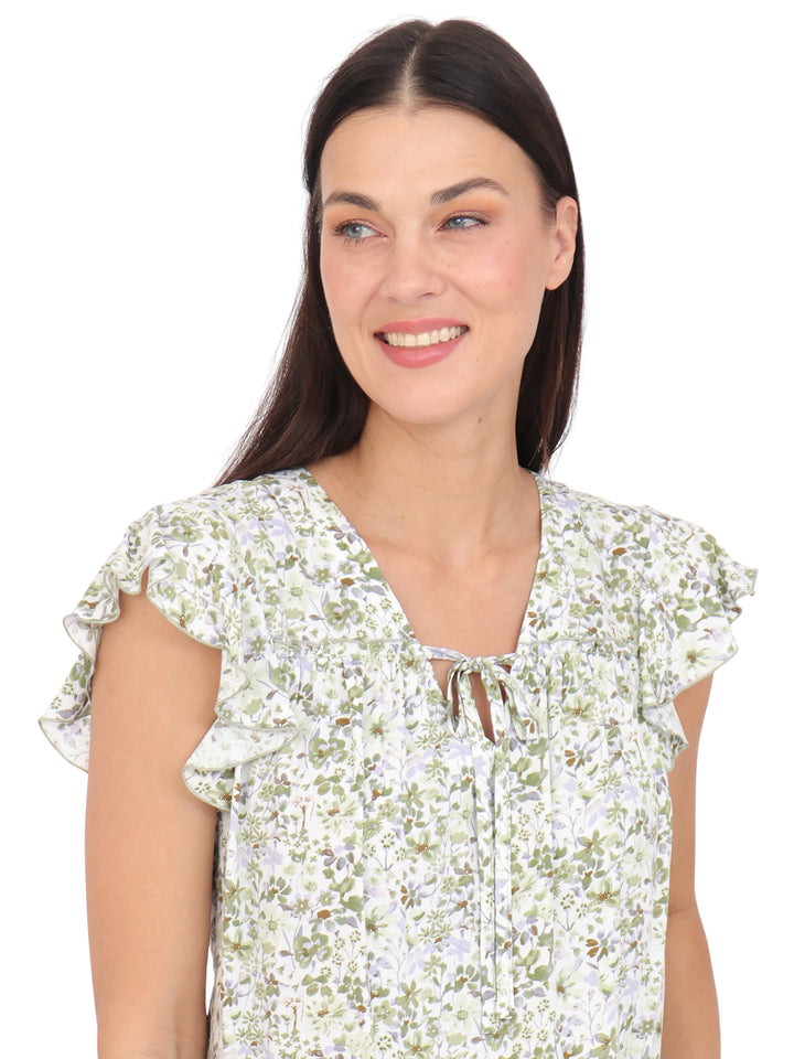 Blusa cuello V Manga Olán, con Amarre, Estampada