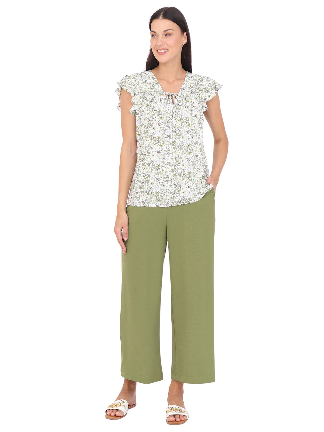 Blusa cuello V Manga Olán, con Amarre, Estampada