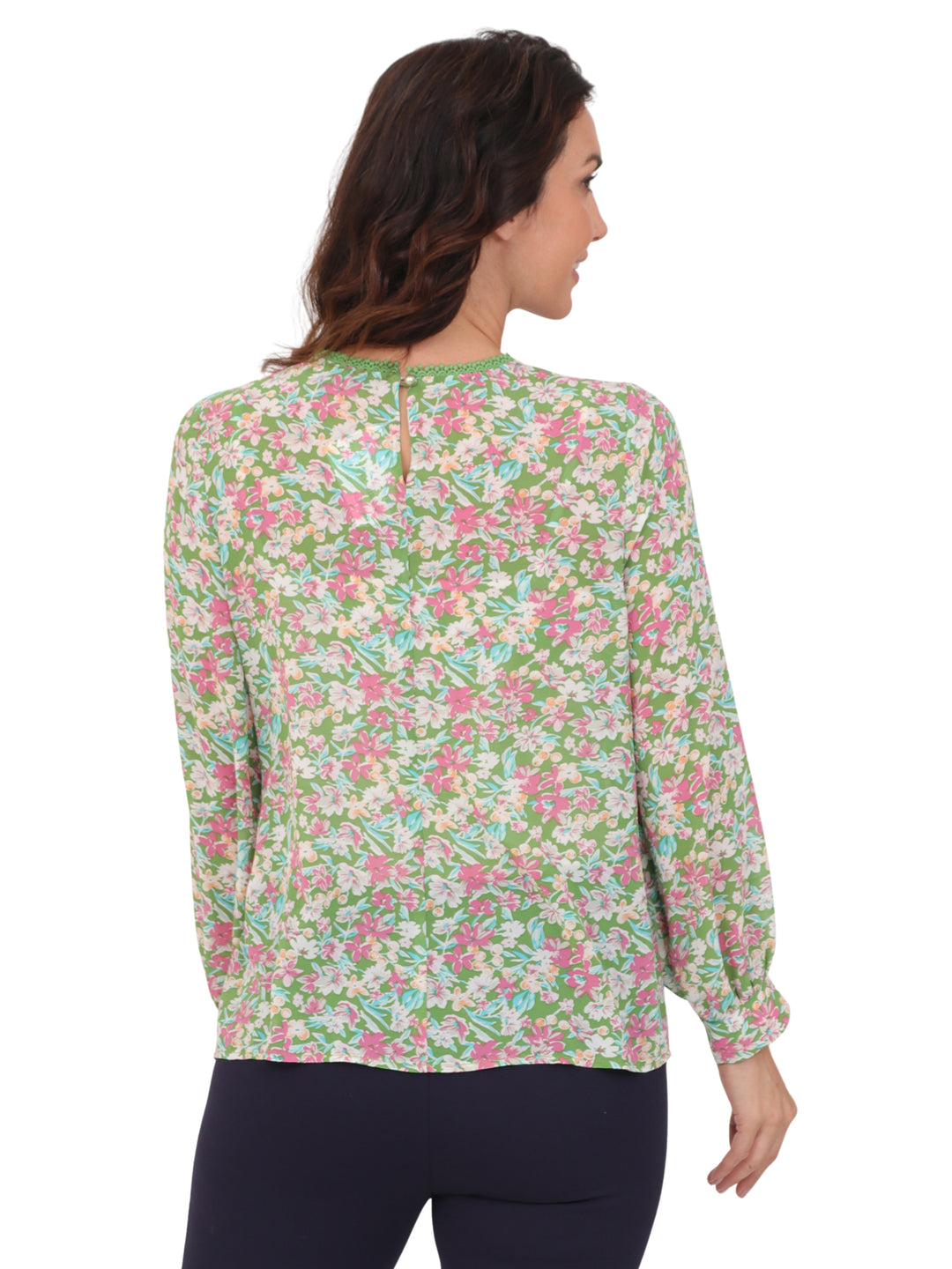 Blusa Cuello Mao, Manga Larga, Detalle en Encaje, Estampada