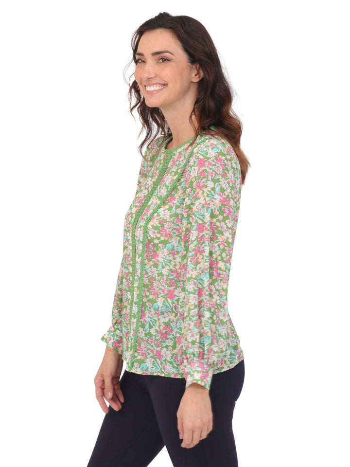 Blusa Cuello Mao, Manga Larga, Detalle en Encaje, Estampada