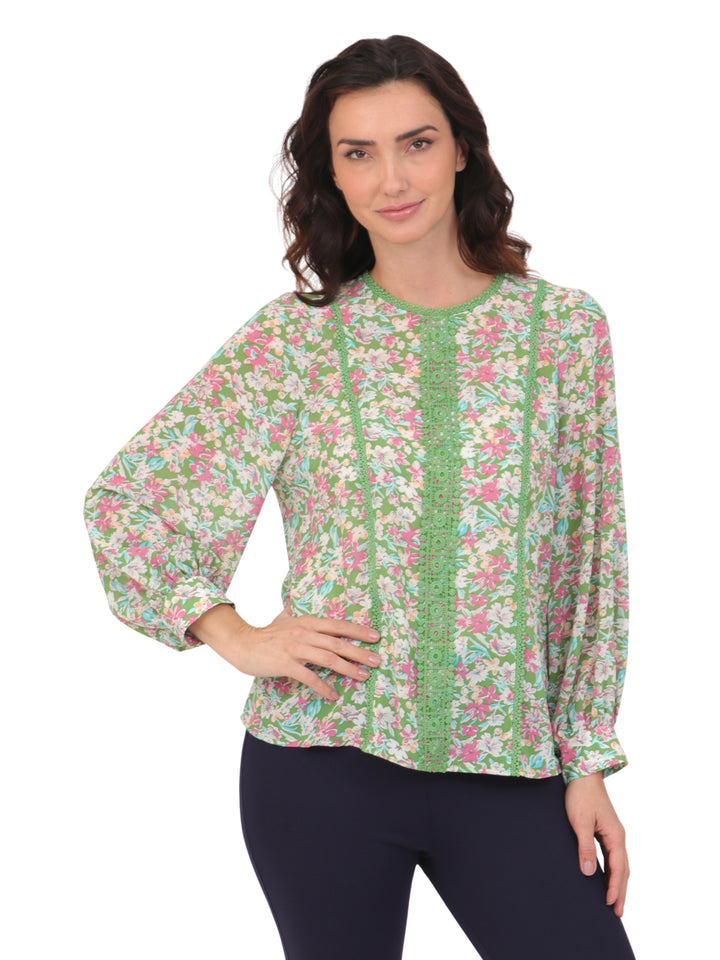 Blusa Cuello Mao, Manga Larga, Detalle en Encaje, Estampada