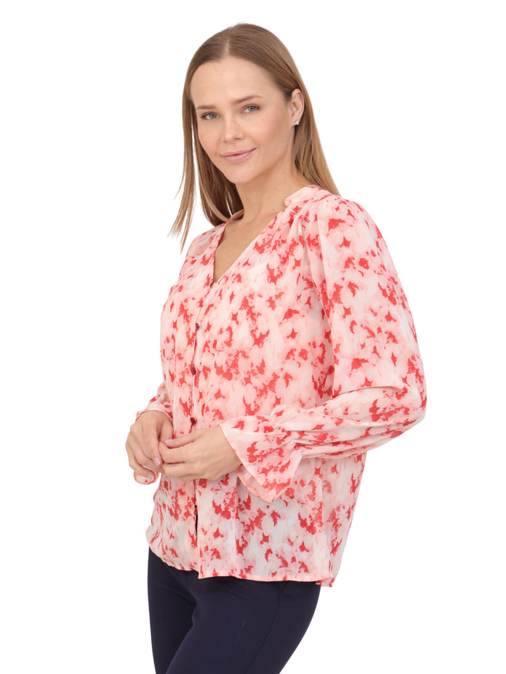 Blusa Cuello V, Manga Larga con Resorte, Botones al Frente, Estampada