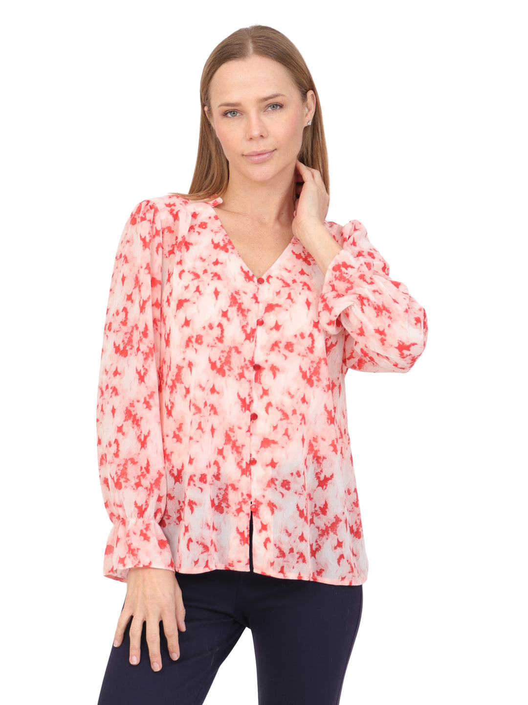 Blusa Cuello V, Manga Larga con Resorte, Botones al Frente, Estampada