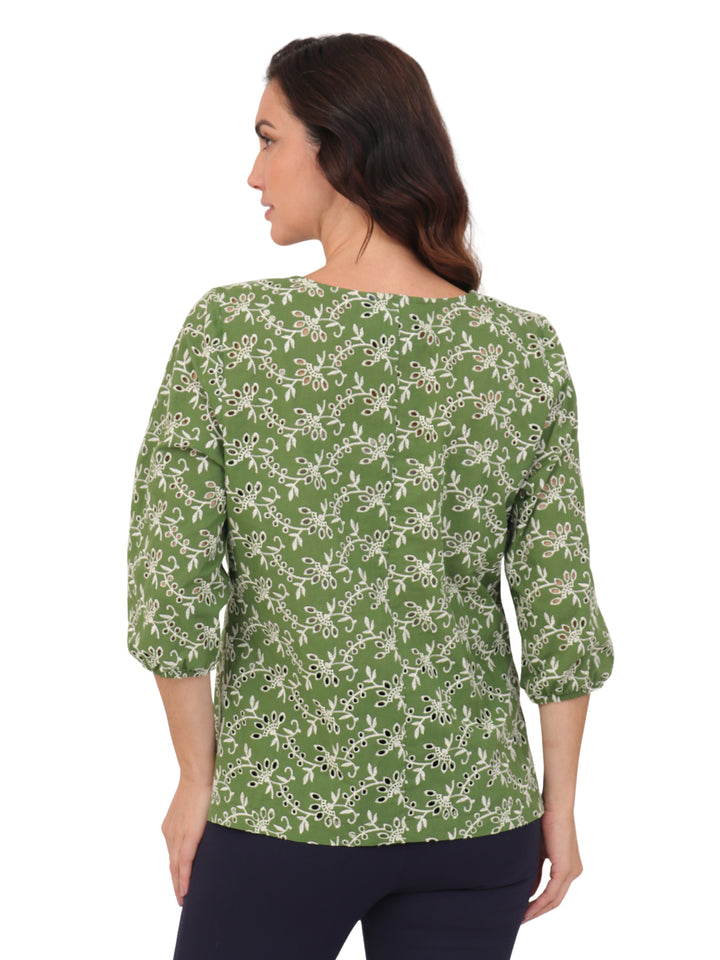 Blusa Cuello Redondo,Botones al frente, Manga Larga, Algódon Bordado