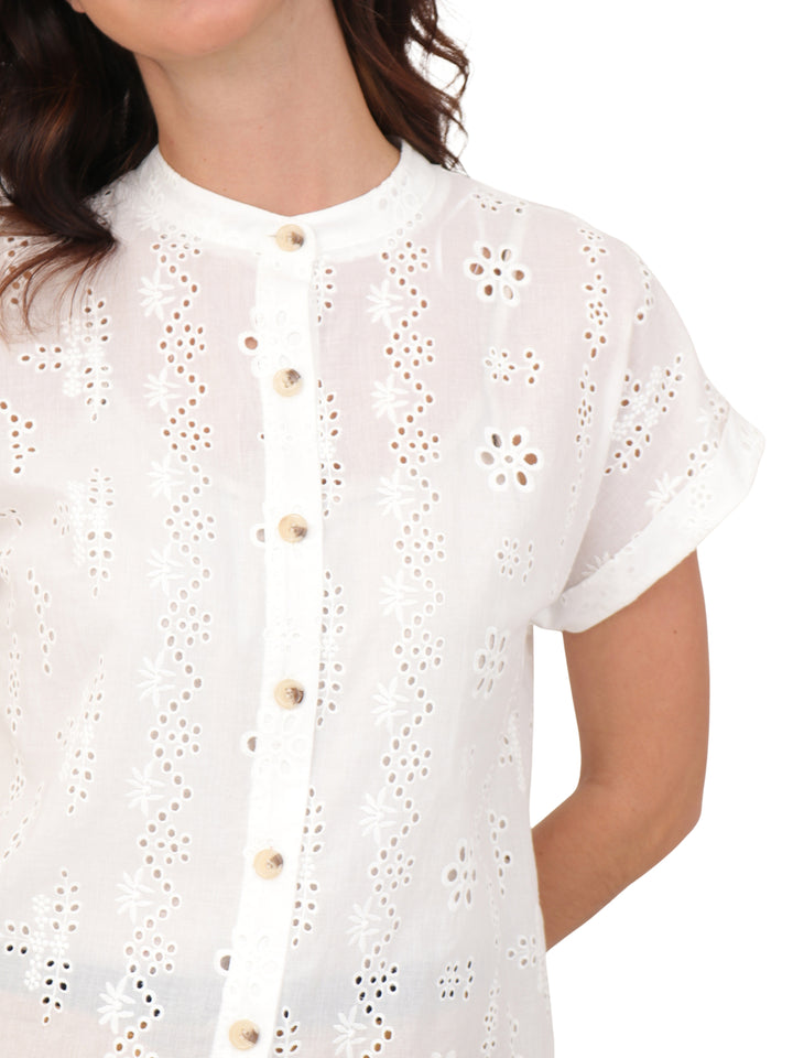Blusa Cuello Mao, Manga Corta, Algódon Bordado