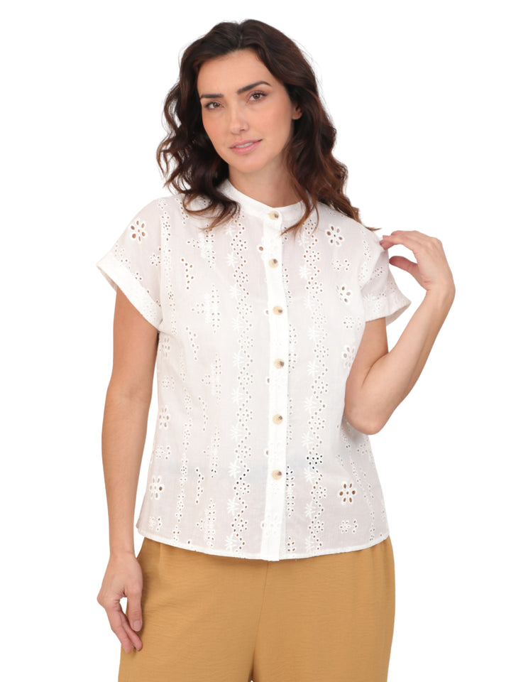 Blusa Cuello Mao, Manga Corta, Algódon Bordado
