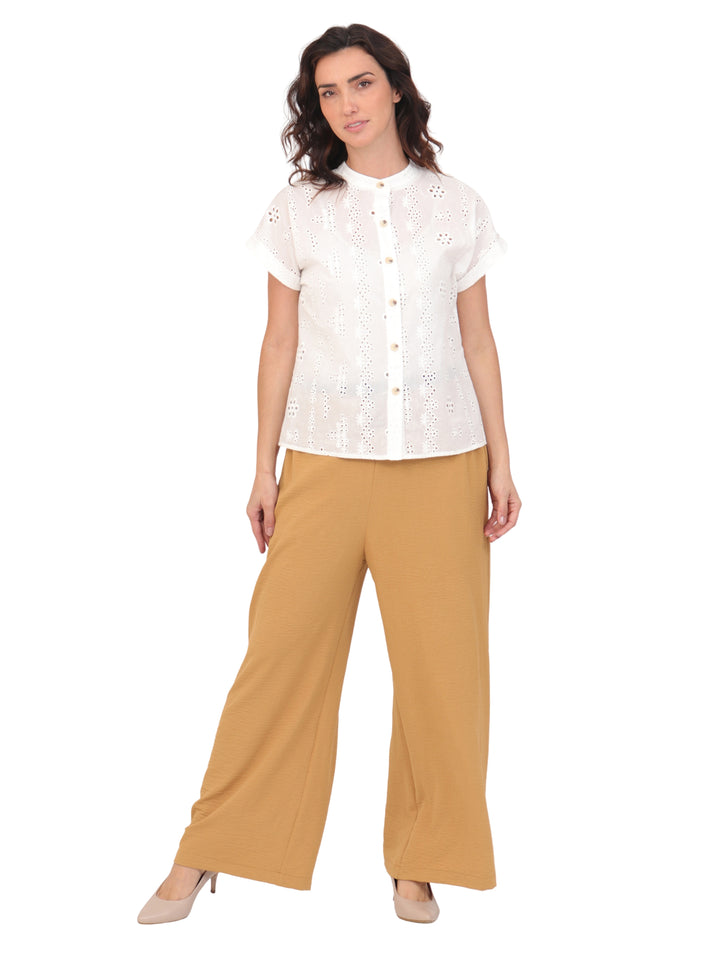 Blusa Cuello Mao, Manga Corta, Algódon Bordado
