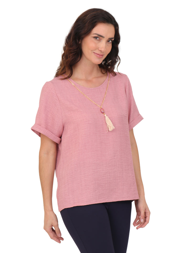 Blusa Cuello Redondo,  Manga Corta, Con Collar