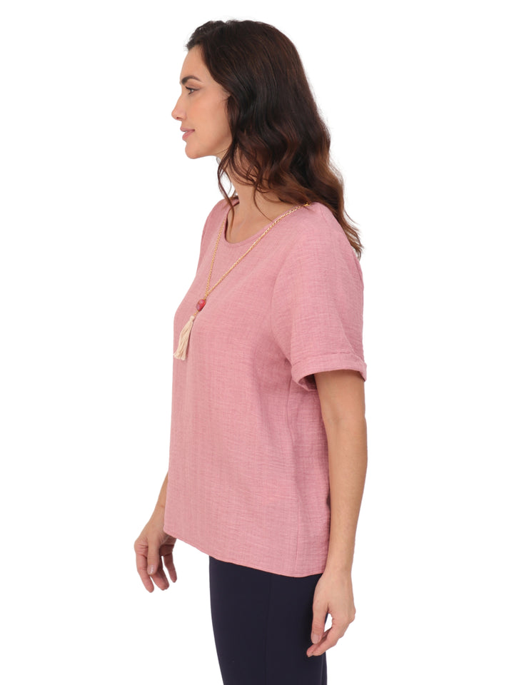 Blusa Cuello Redondo,  Manga Corta, Con Collar