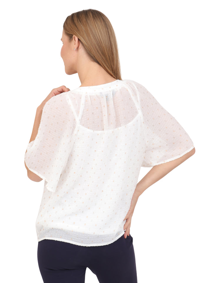 Blusa Cuello Redondo,  Manga Olán, Con Collar