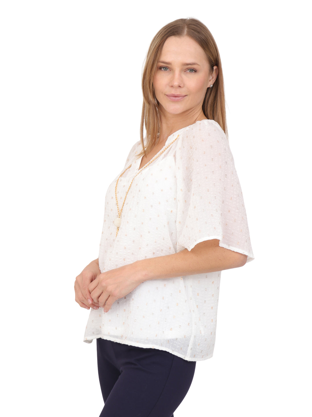 Blusa Cuello Redondo,  Manga Olán, Con Collar