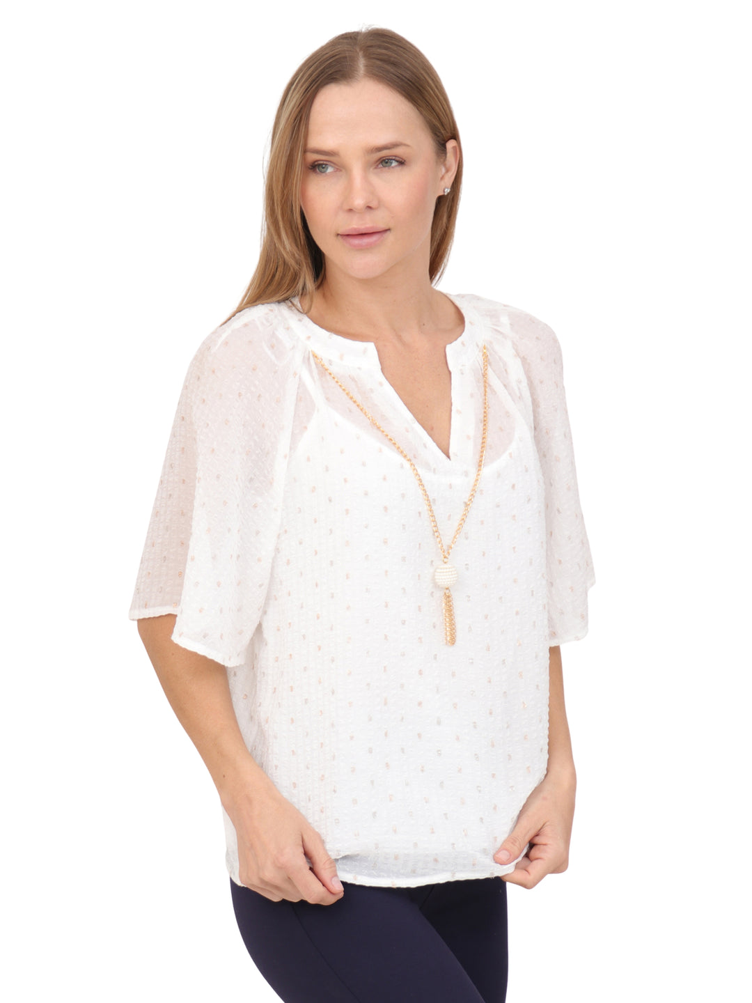 Blusa Cuello Redondo,  Manga Olán, Con Collar