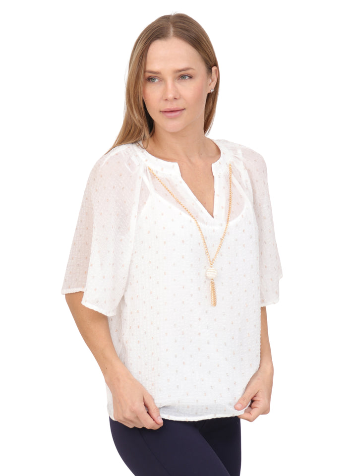 Blusa Cuello Redondo,  Manga Olán, Con Collar