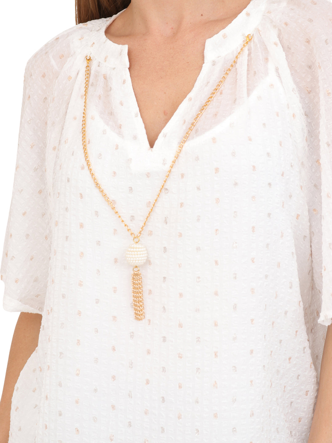 Blusa Cuello Redondo,  Manga Olán, Con Collar