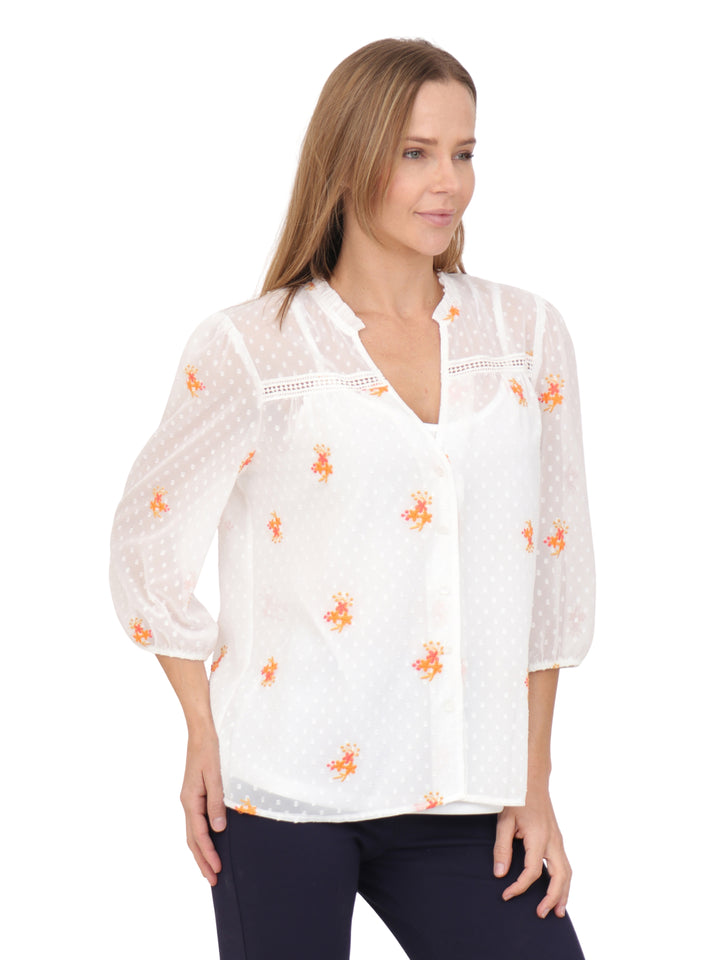 Blusa Cuello V, Manga 3/4, Estampado  Bordado