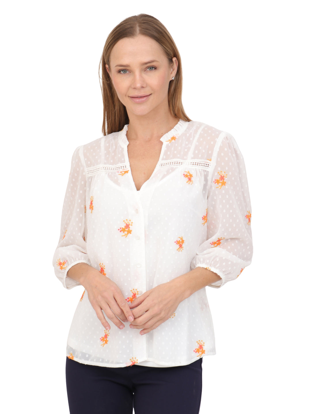 Blusa Cuello V, Manga 3/4, Estampado  Bordado