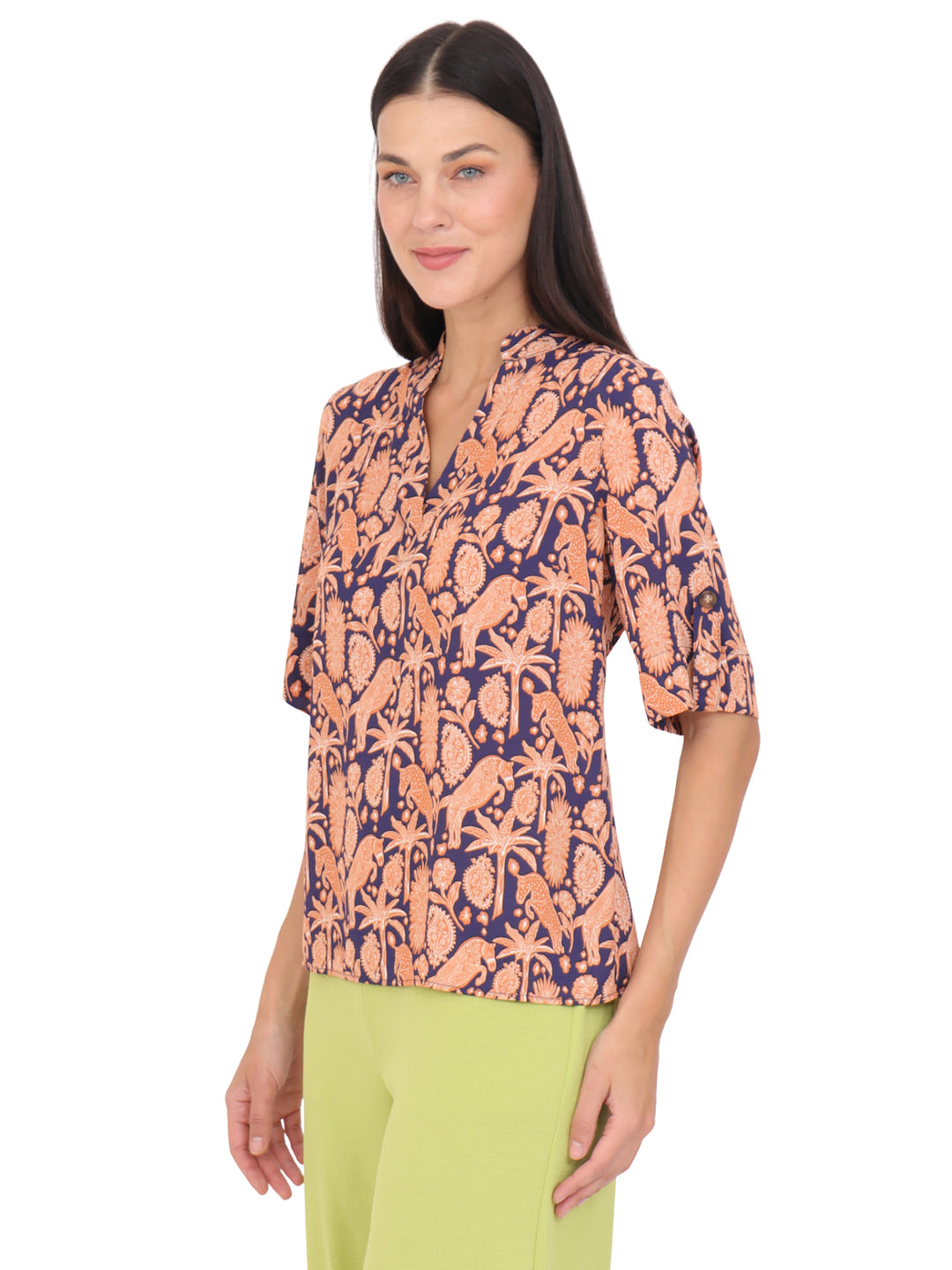 Blusa cuello V ,Manga 3/4, Estampada