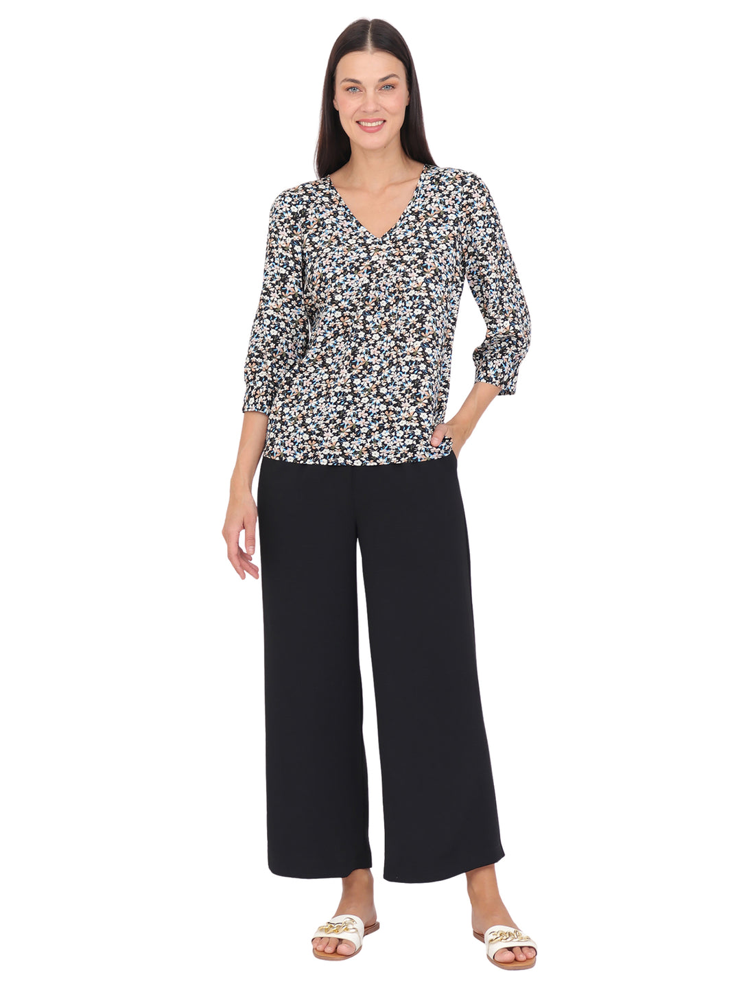 Blusa cuello V ,Manga 3/4, Estampada