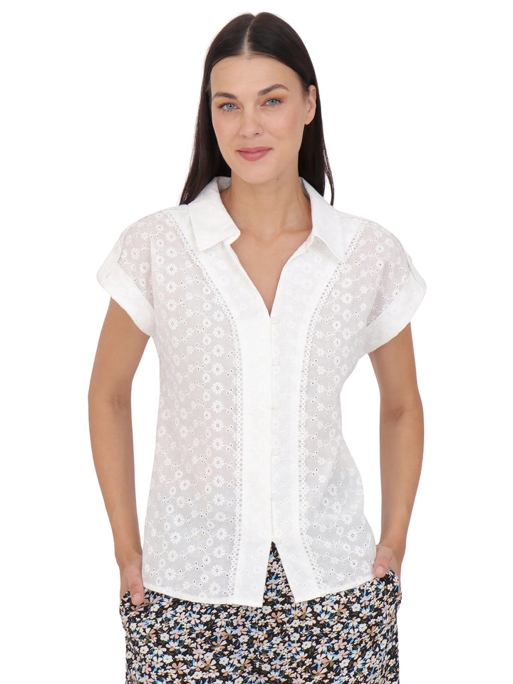 Blusa cuello Camisero ,Manga Corta, Algódon Bordado