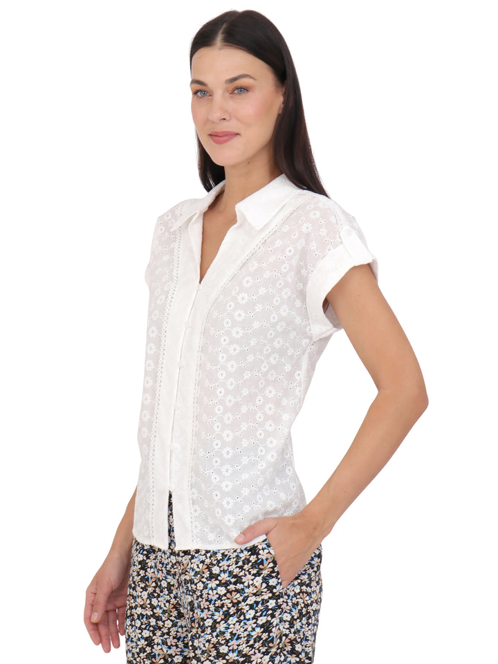 Blusa cuello Camisero ,Manga Corta, Algódon Bordado