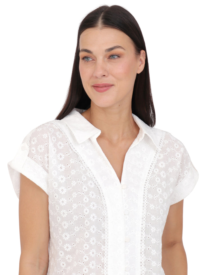 Blusa cuello Camisero ,Manga Corta, Algódon Bordado