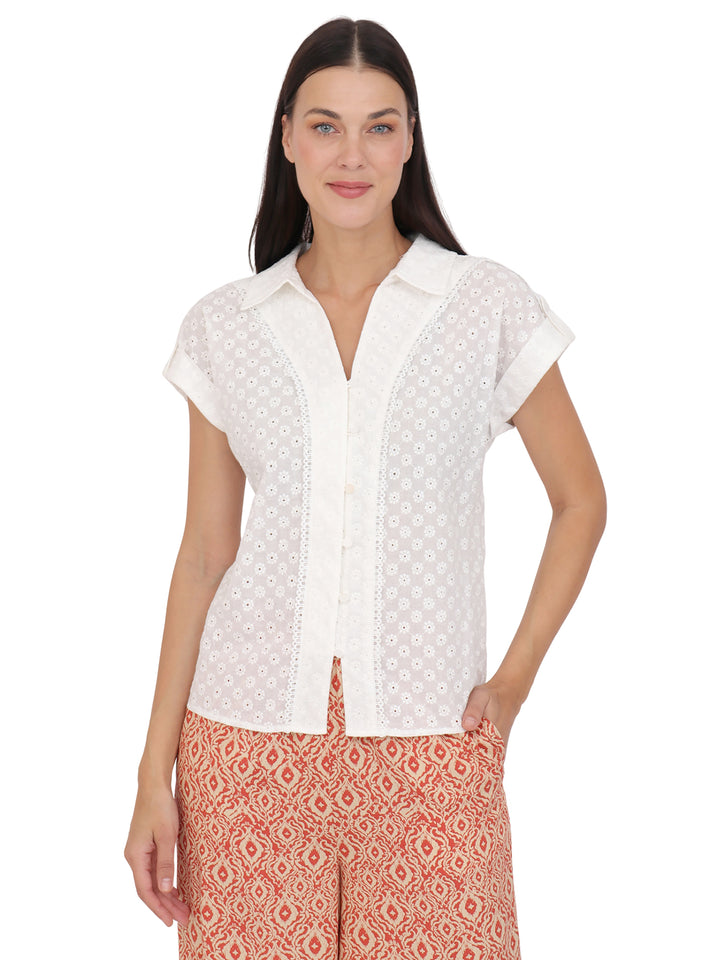 Blusa cuello Camisero ,Manga Corta, Algódon Bordado