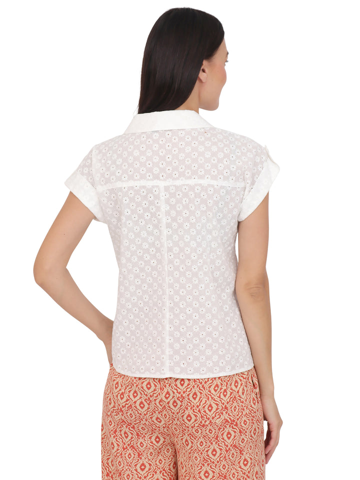 Blusa cuello Camisero ,Manga Corta, Algódon Bordado