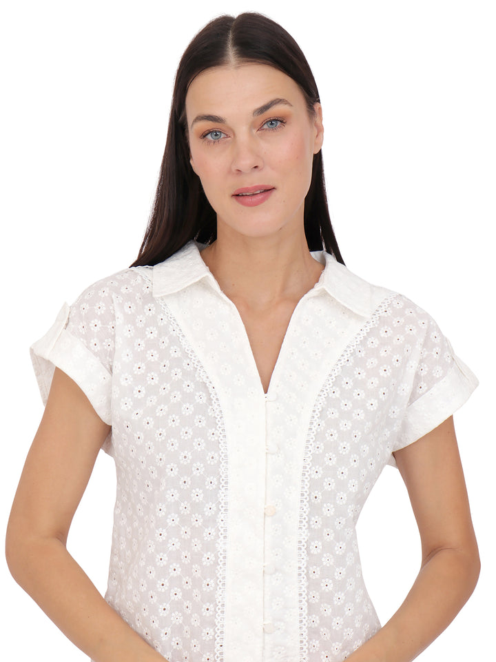 Blusa cuello Camisero ,Manga Corta, Algódon Bordado