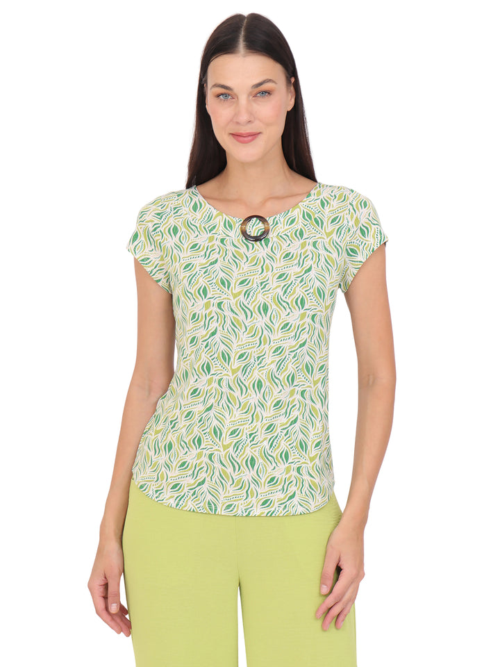 Blusa cuello Redondo, Manga Corta, con Aplicacion, Estampada