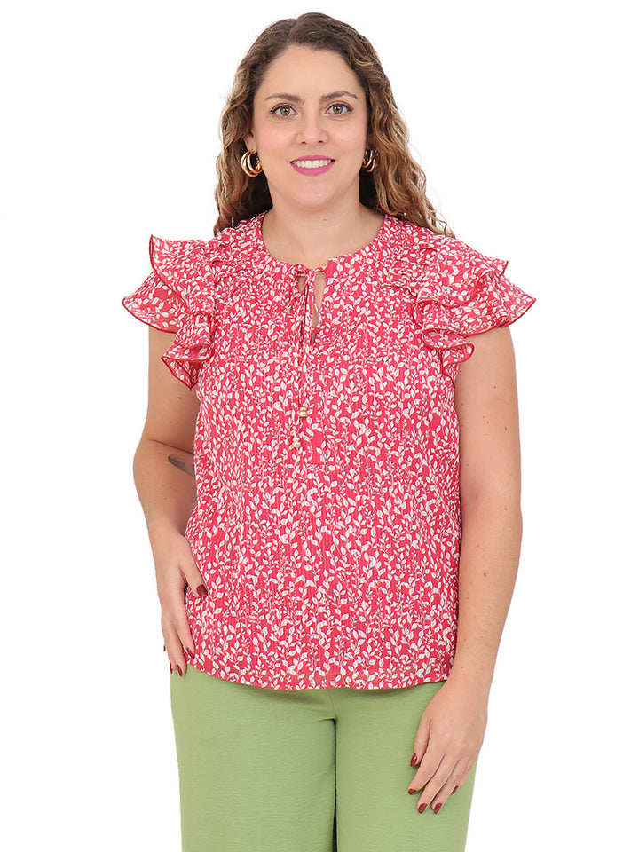 Blusa cuello Redondo, Manga Olán, con Amarre, Estampada