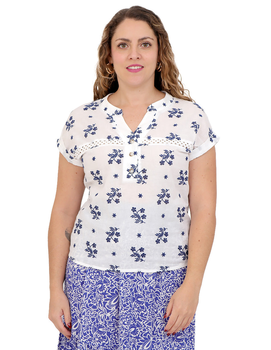 Blusa Cuello V, Manga Kimona,  Bordado