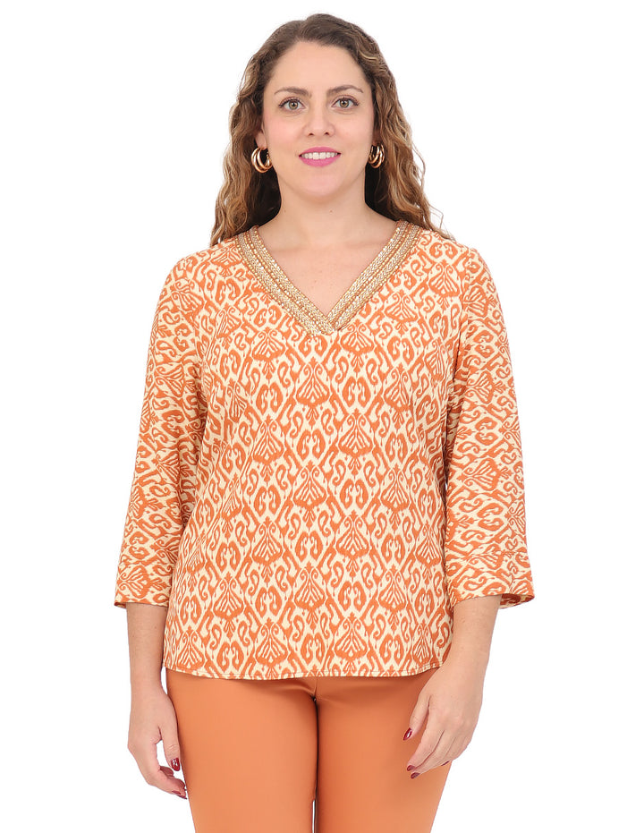 Blusa Cuello V, Manga 3/4, Estampada