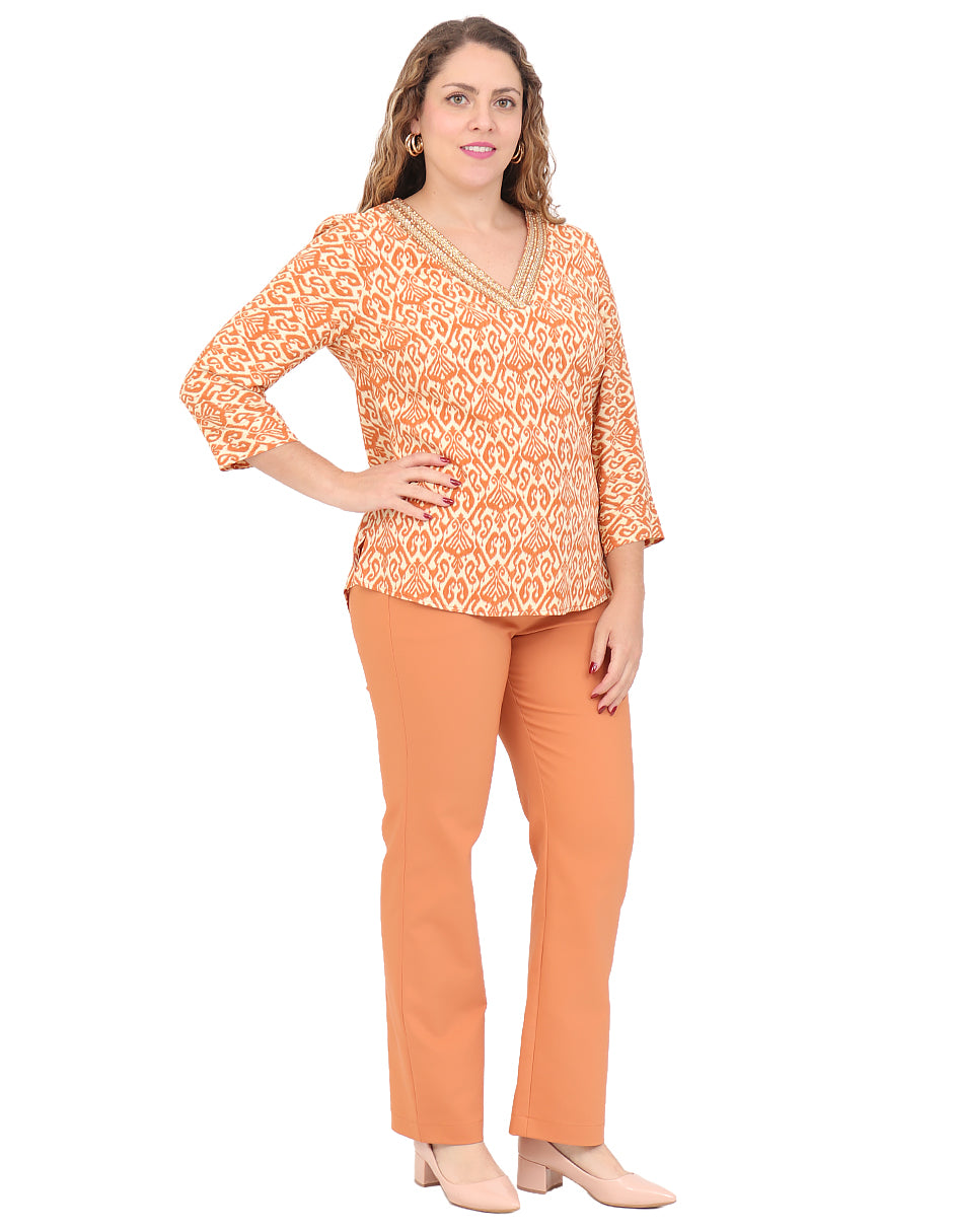 Blusa Cuello V, Manga 3/4, Estampada