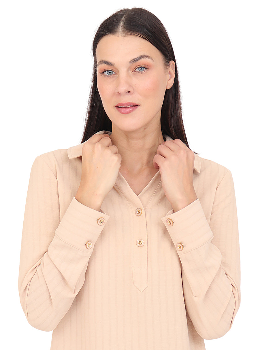 Blusa Cuello Camisero, Manga Larga con Puños