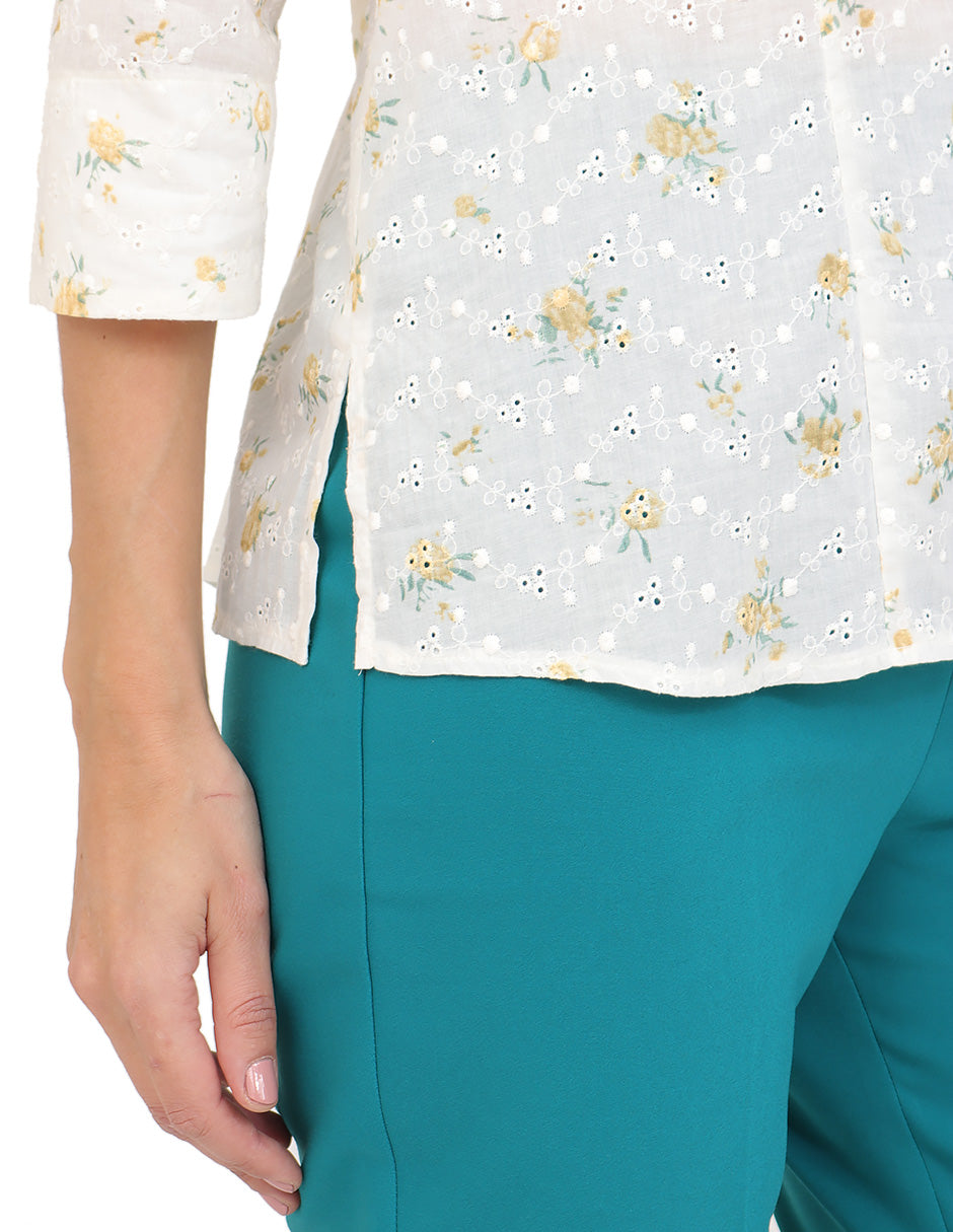 Blusa Cuello Redondo, Manga 3/4, Bordado