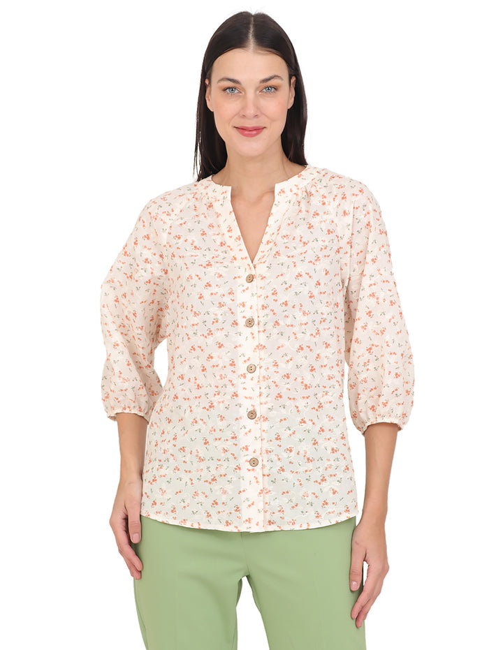 Blusa Cuello V, Manga 3/4, Bordado Floral
