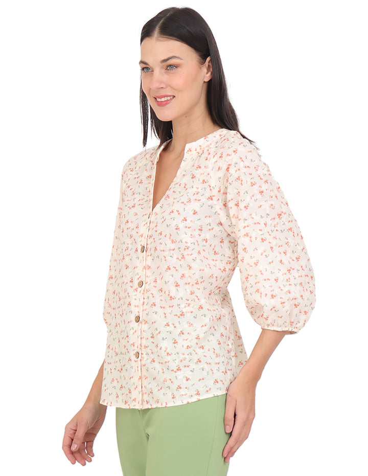 Blusa Cuello V, Manga 3/4, Bordado Floral