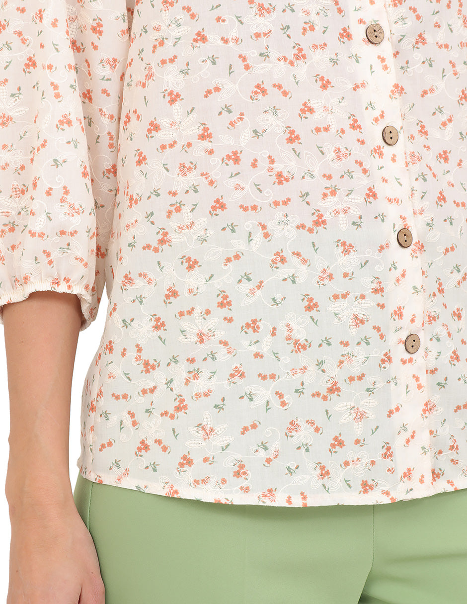 Blusa Cuello V, Manga 3/4, Bordado Floral