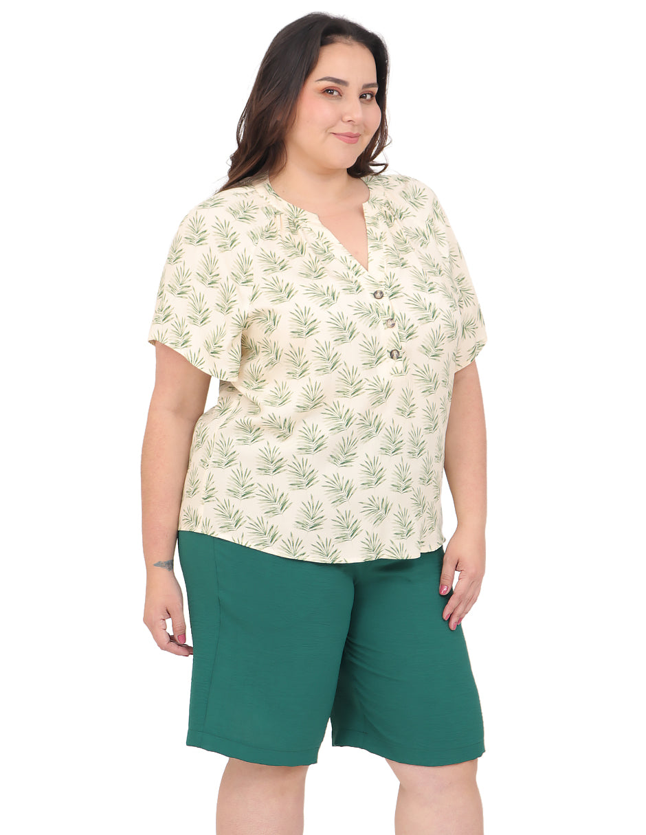Blusa Curvy Carilo, Cuello V,  Manga Corta, Estampada