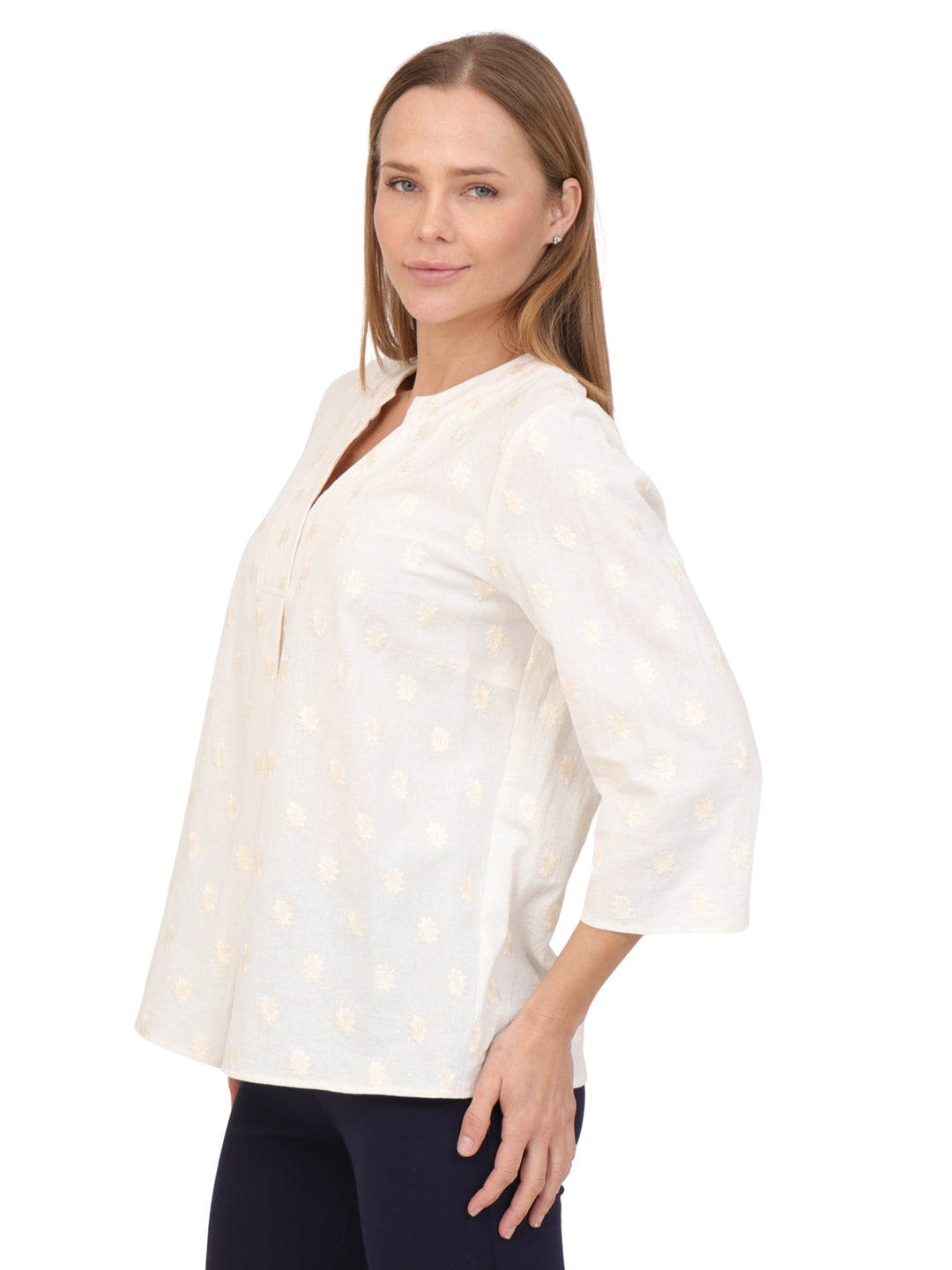 Blusa Cuello V, Manga 3/4, Algodón Bordado