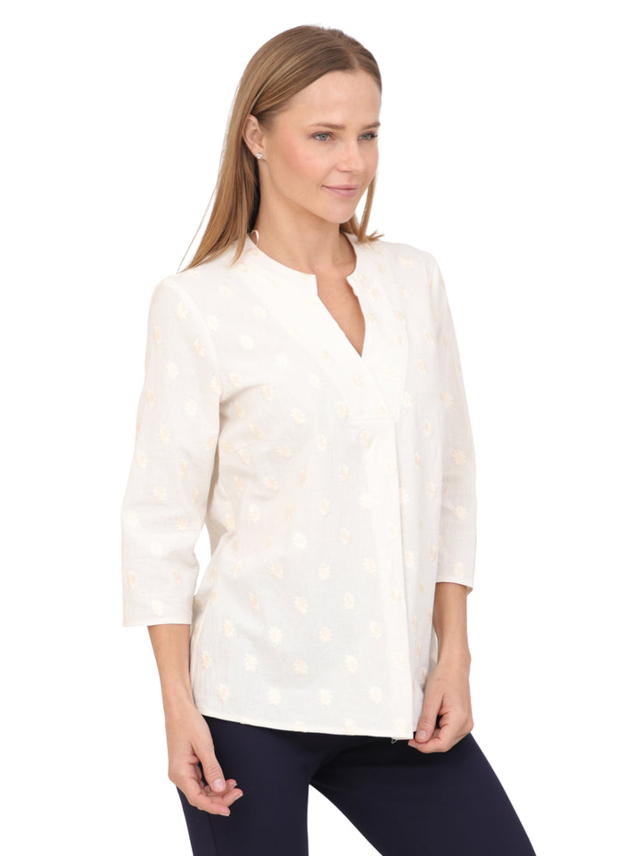 Blusa Cuello V, Manga 3/4, Algodón Bordado