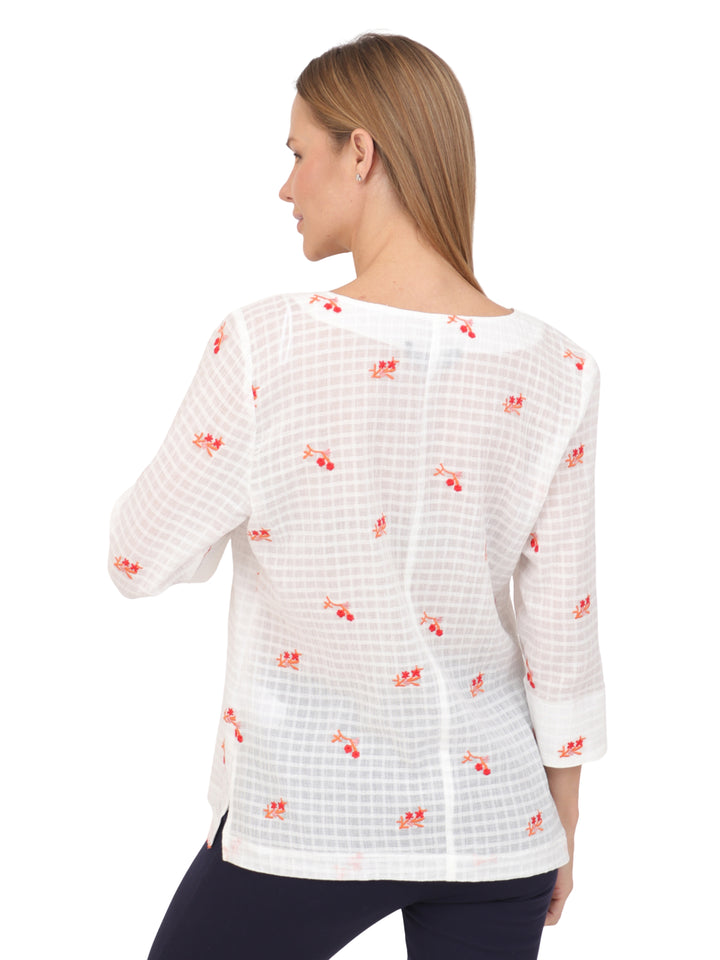 Blusa Cuello Redondo, Manga 3/4, Algodón Bordado