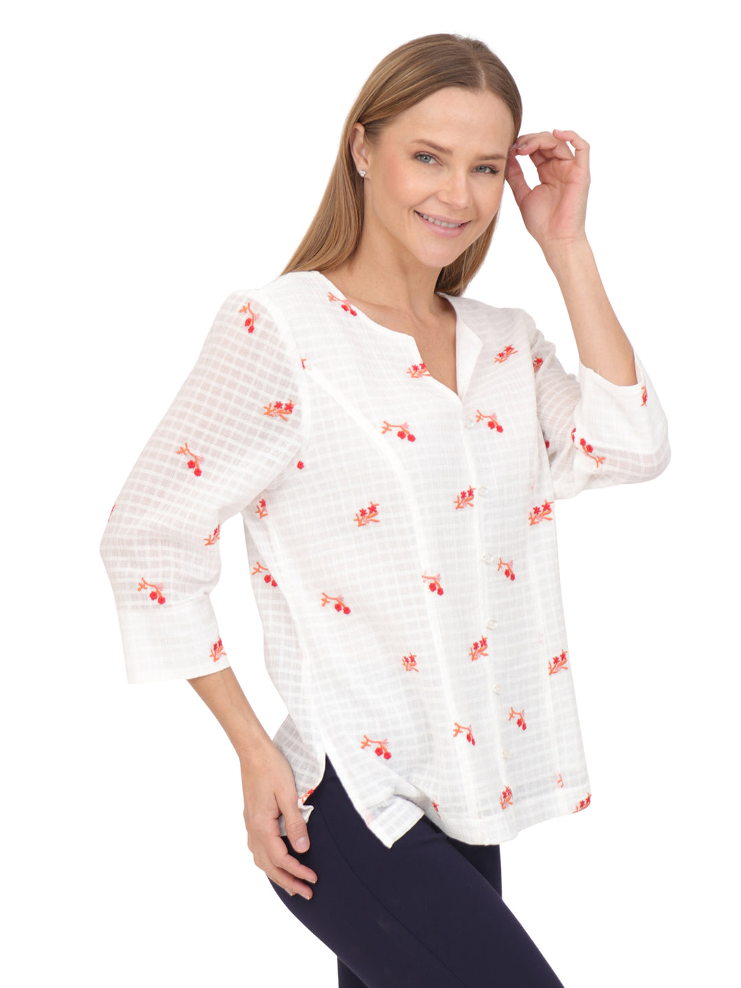 Blusa Cuello Redondo, Manga 3/4, Algodón Bordado