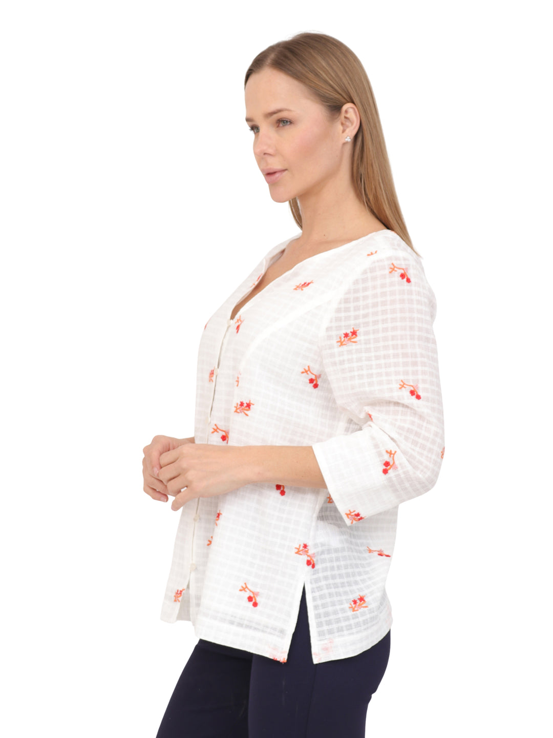 Blusa Cuello Redondo, Manga 3/4, Algodón Bordado