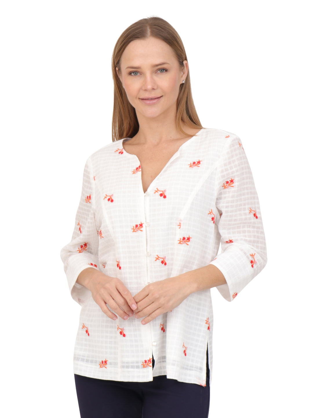 Blusa Cuello Redondo, Manga 3/4, Algodón Bordado
