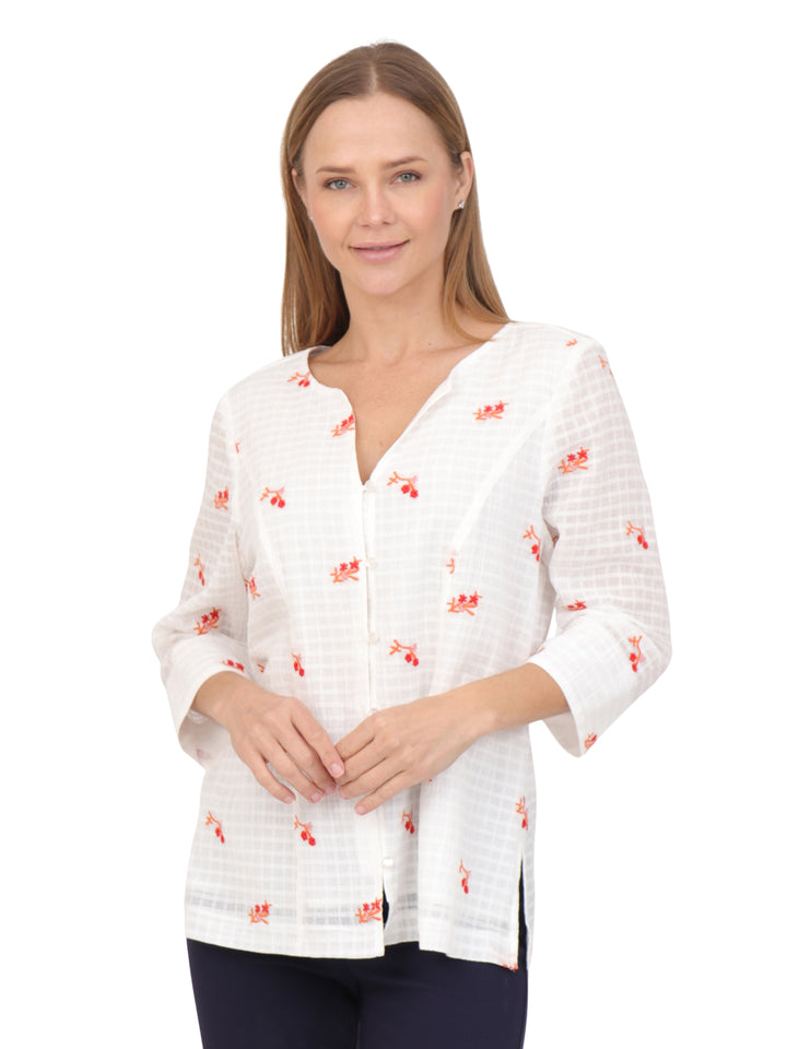 Blusa Cuello Redondo, Manga 3/4, Algodón Bordado