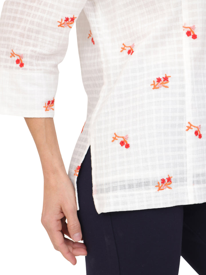 Blusa Cuello Redondo, Manga 3/4, Algodón Bordado