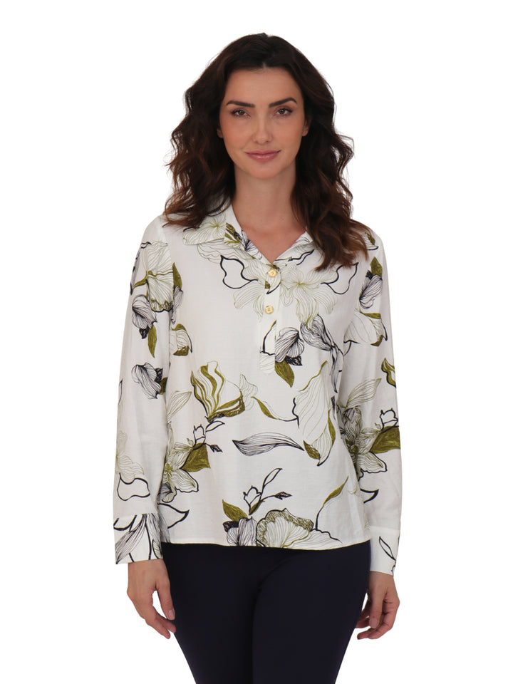 Blusa Cuello  Camisero,  Manga Larga, Estampada